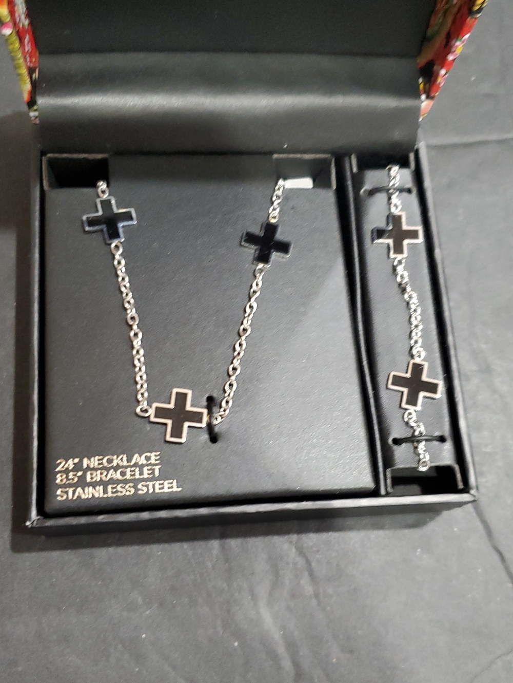 Ed hardy stainless steel silver tone black cross adorned necklace & bracelet set